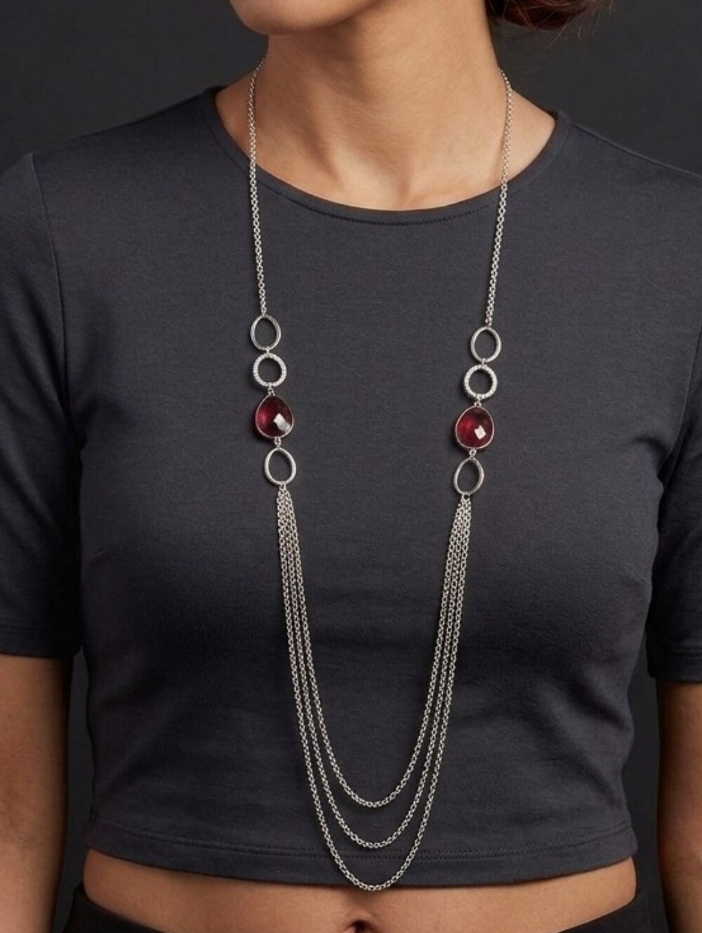Source Unknown Silver Red Faux Ruby Statement Necklace Layered Chain